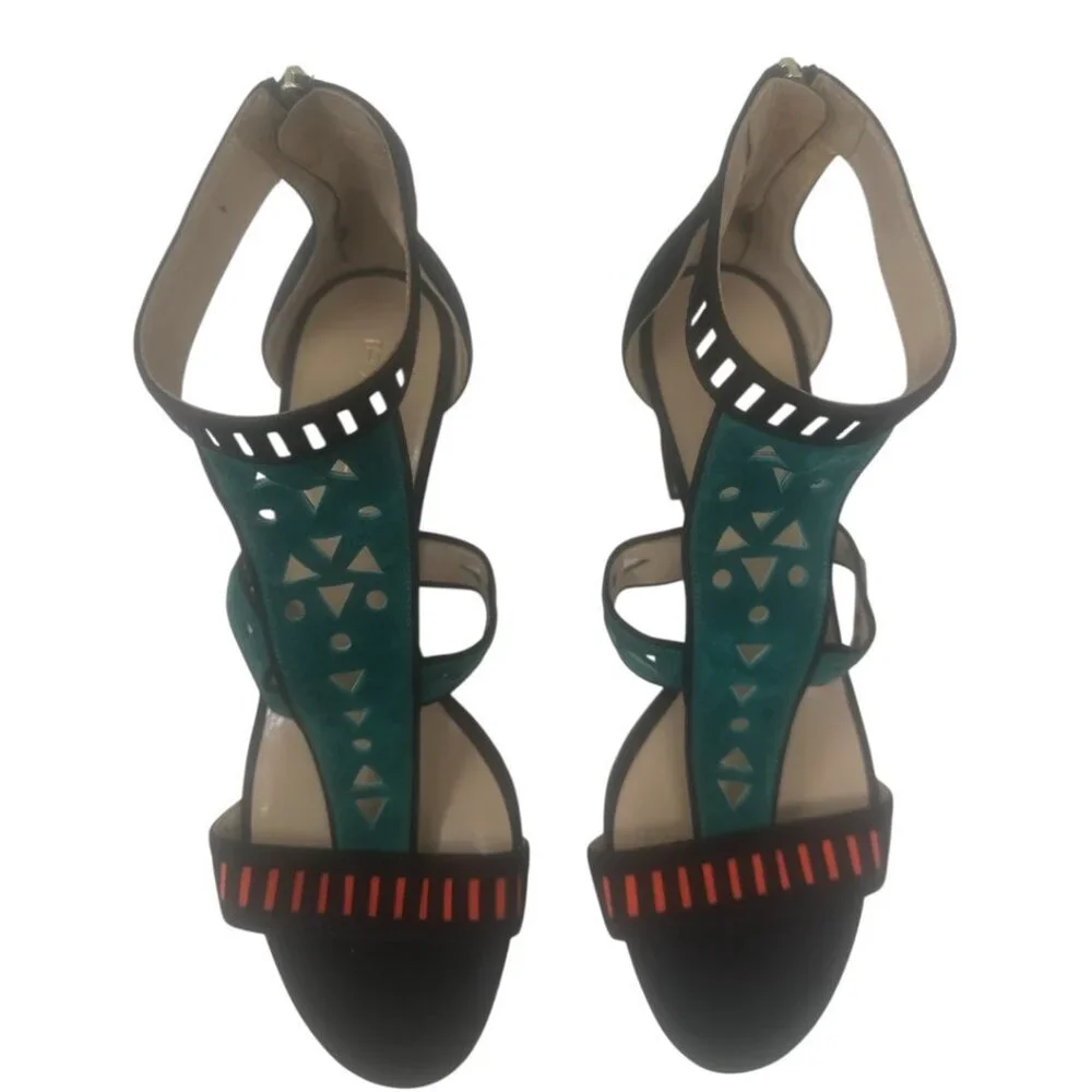 Tamara Mellon Black Suede Green Red White Laser Cut Straps Open Toe Heels Size 9